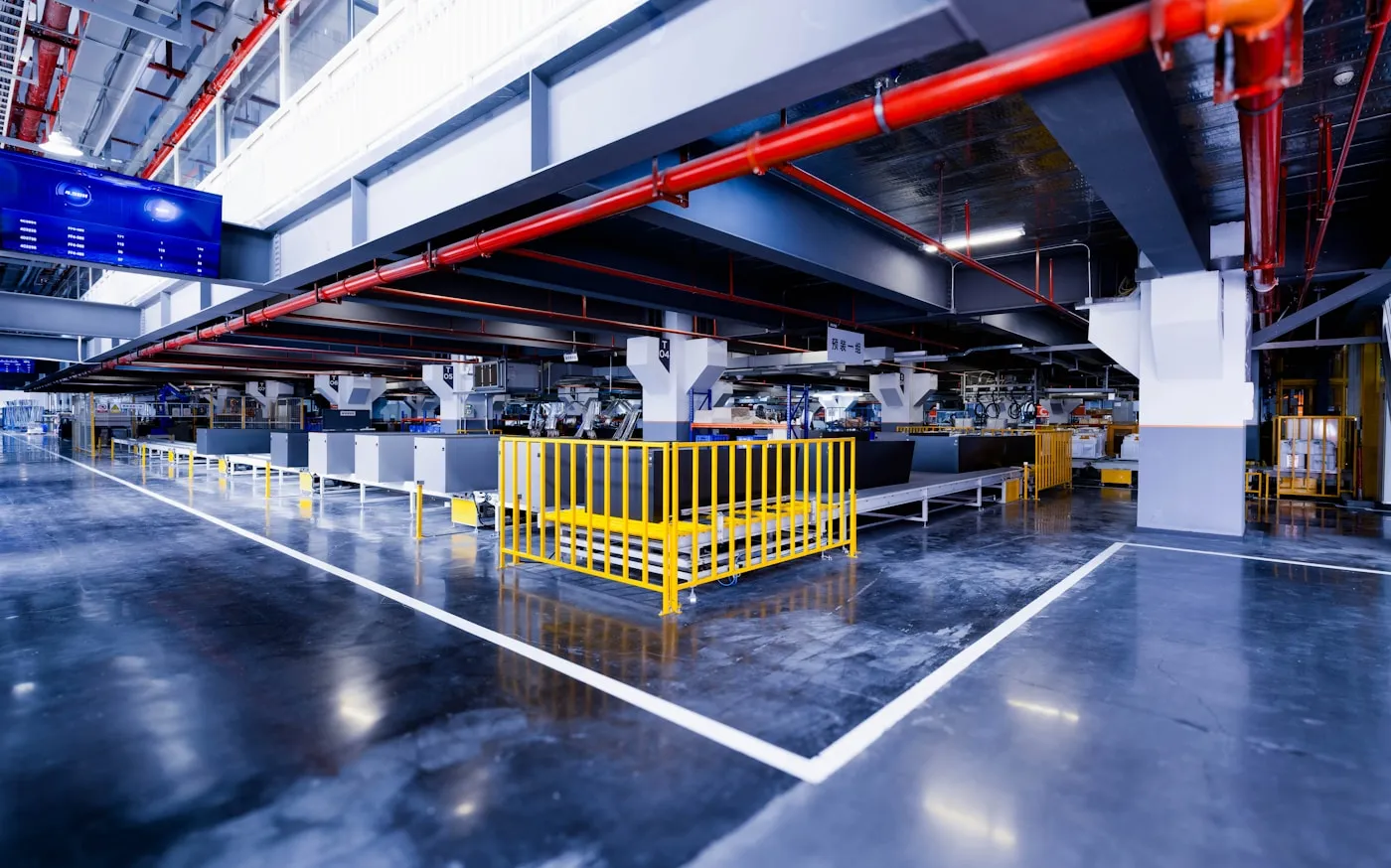 A modern industrial workshop with integrated production equipment
